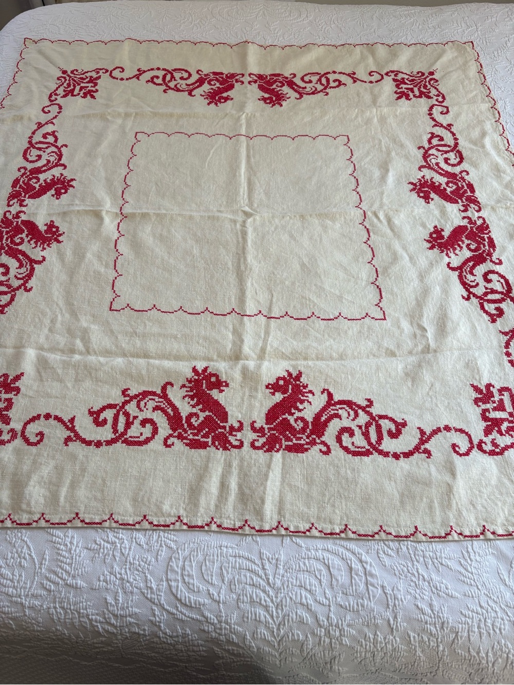 Vintage Red and Cream Embroidered Dining Tablecloth